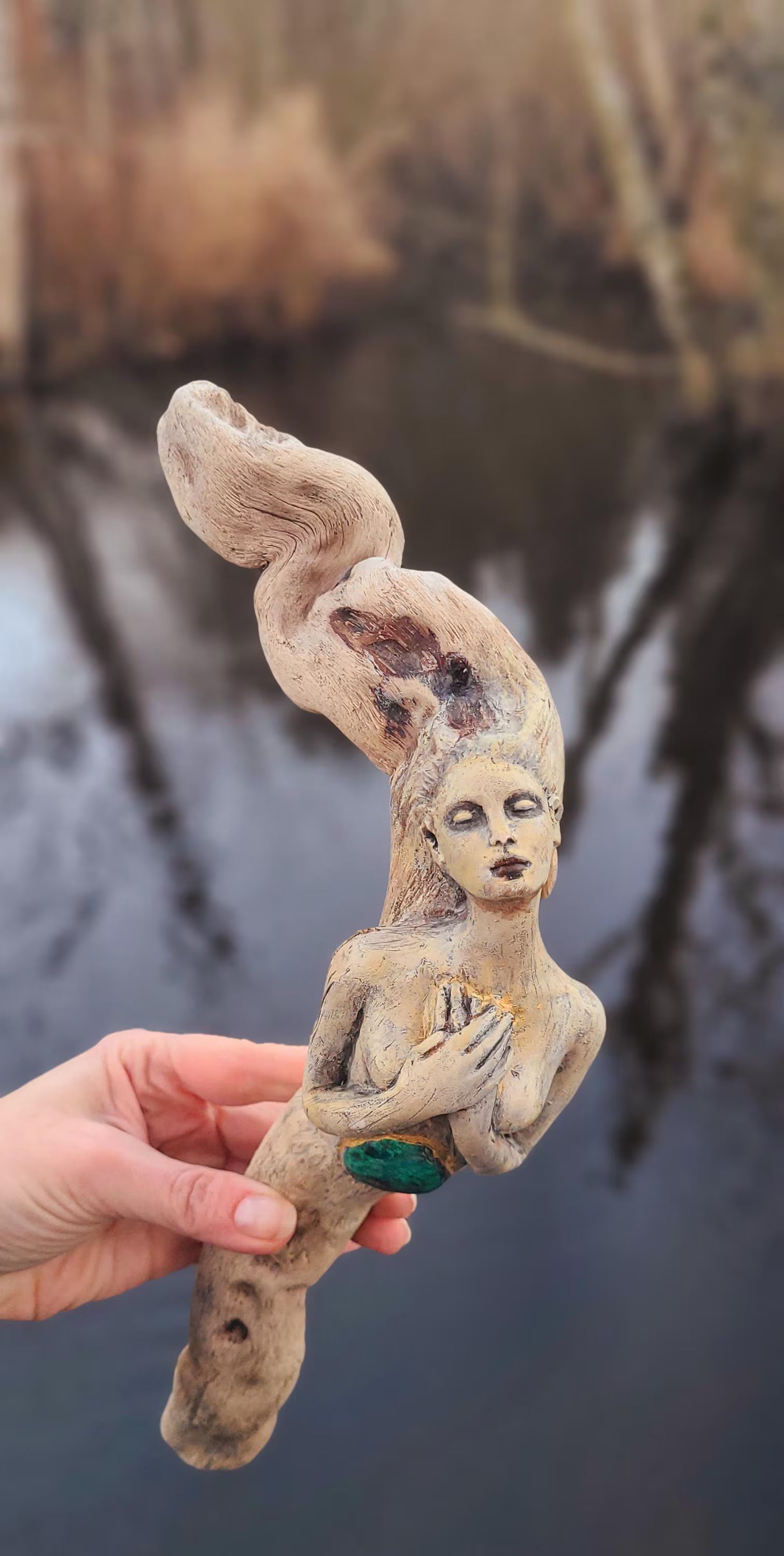 We Find the Way wooden root woman sculpture with turquoise stone spiritual nature art by Debra Bernier