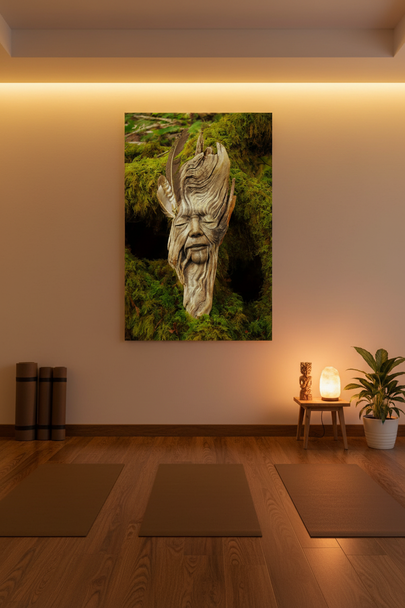 A vertical canvas wall art print depicting a carved wooden face surrounded by lush green moss, displayed in a modern, warm-toned minimalist room with wooden floors, meditation mats, and a small side table with a glowing lamp.
