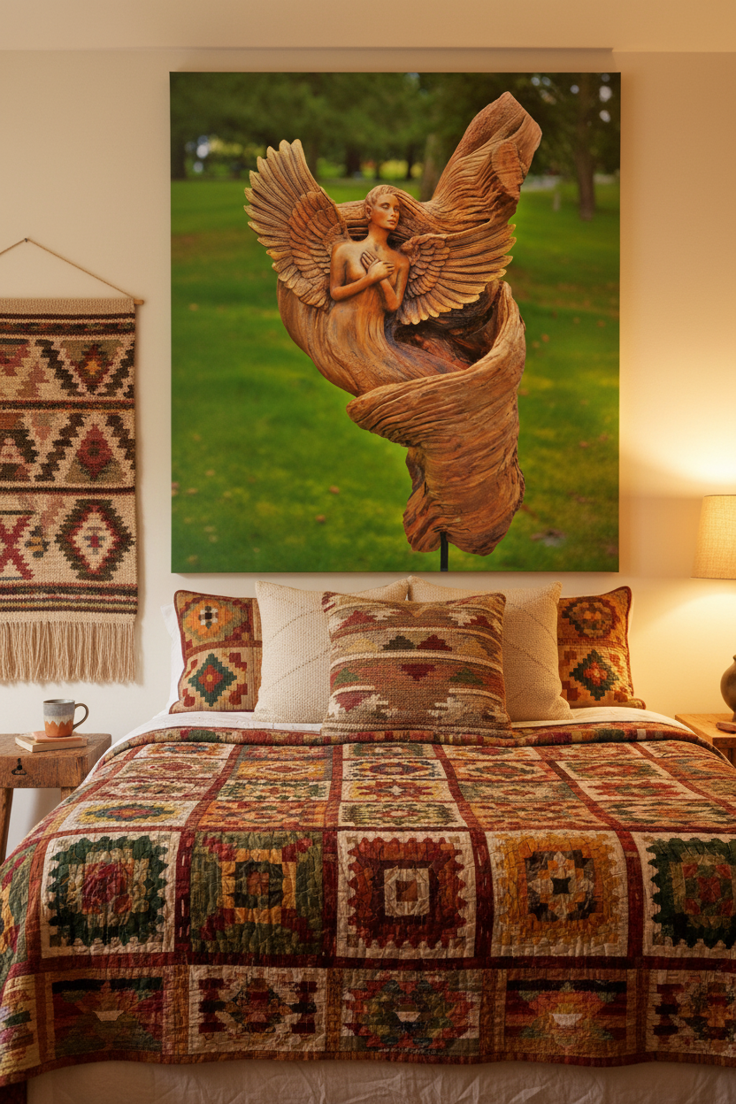 A large vertical canvas print of a wooden angel sculpture against a green grassy background, displayed on a beige wall above a bed with a southwestern patterned quilt and matching pillows.